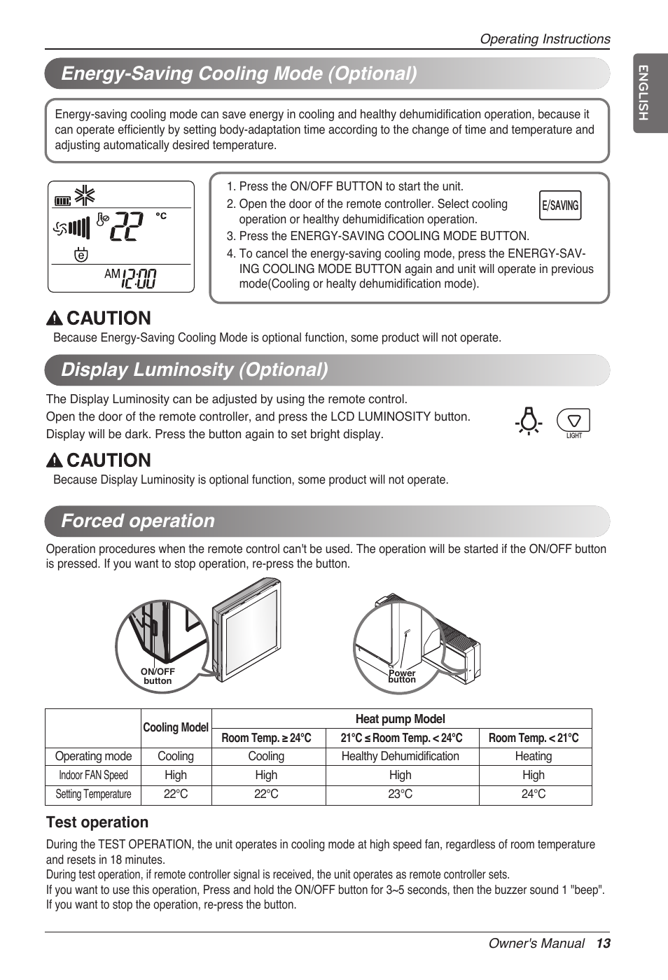 Bp u, Forced operation, Energy-saving cooling mode (optional) | Display luminosity (optional), Test operation | LG MC12AHV User Manual | Page 13 / 211