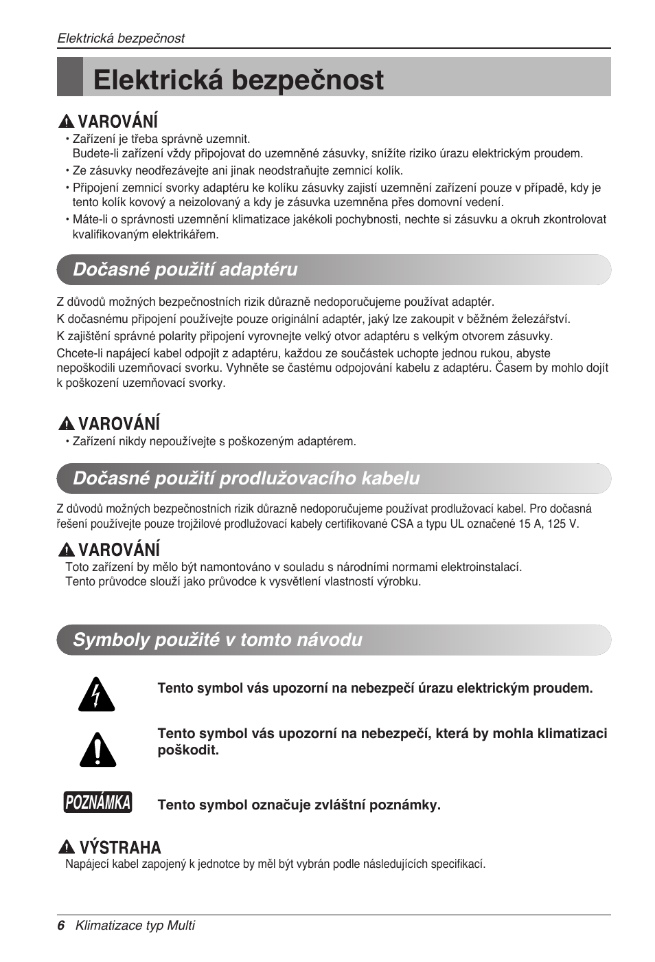 Elektrická bezpečnost, Poznámka, Symboly použité v tomto návodu | LG MC12AHV User Manual | Page 132 / 211