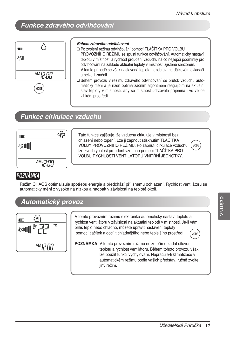Poznámka, Funkce zdravého odvlhčování, Funkce cirkulace vzduchu | Automatický provoz | LG MC12AHV User Manual | Page 137 / 211