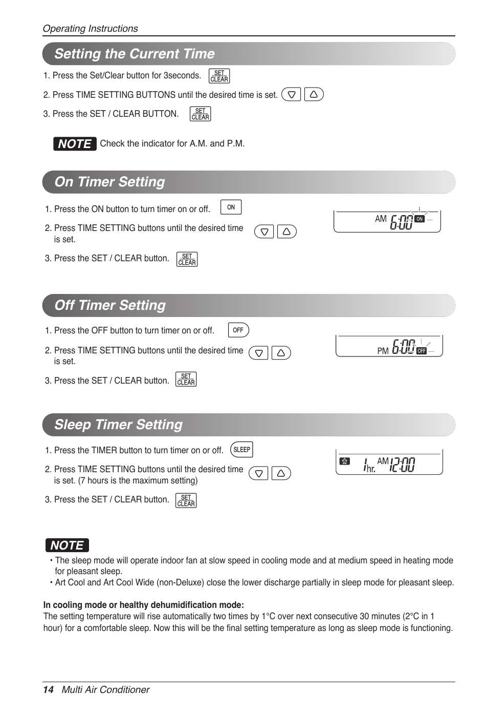 Setting the current time on timer setting, Off timer setting, Sleep timer setting | LG MC12AHV User Manual | Page 14 / 211