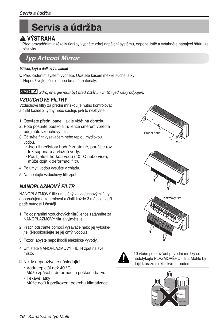 Servis a údržba, Typ artcool mirror, Vzduchove filtry | Nanoplazmový filtr | LG MC12AHV User Manual | Page 142 / 211