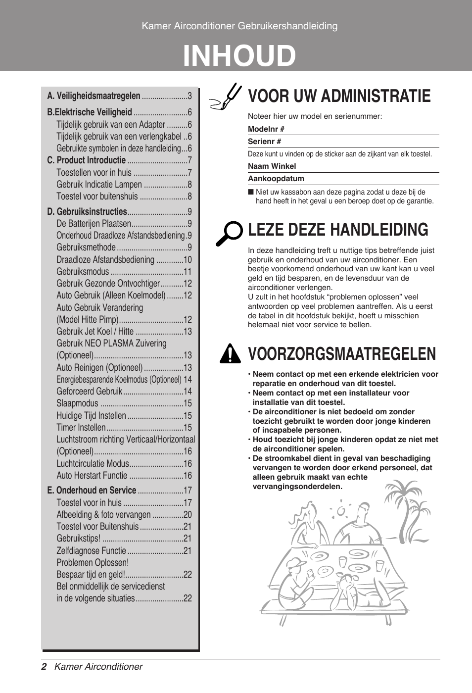 Inhoud, Voor uw administratie, Leze deze handleiding | Voorzorgsmaatregelen | LG MC12AHV User Manual | Page 148 / 211