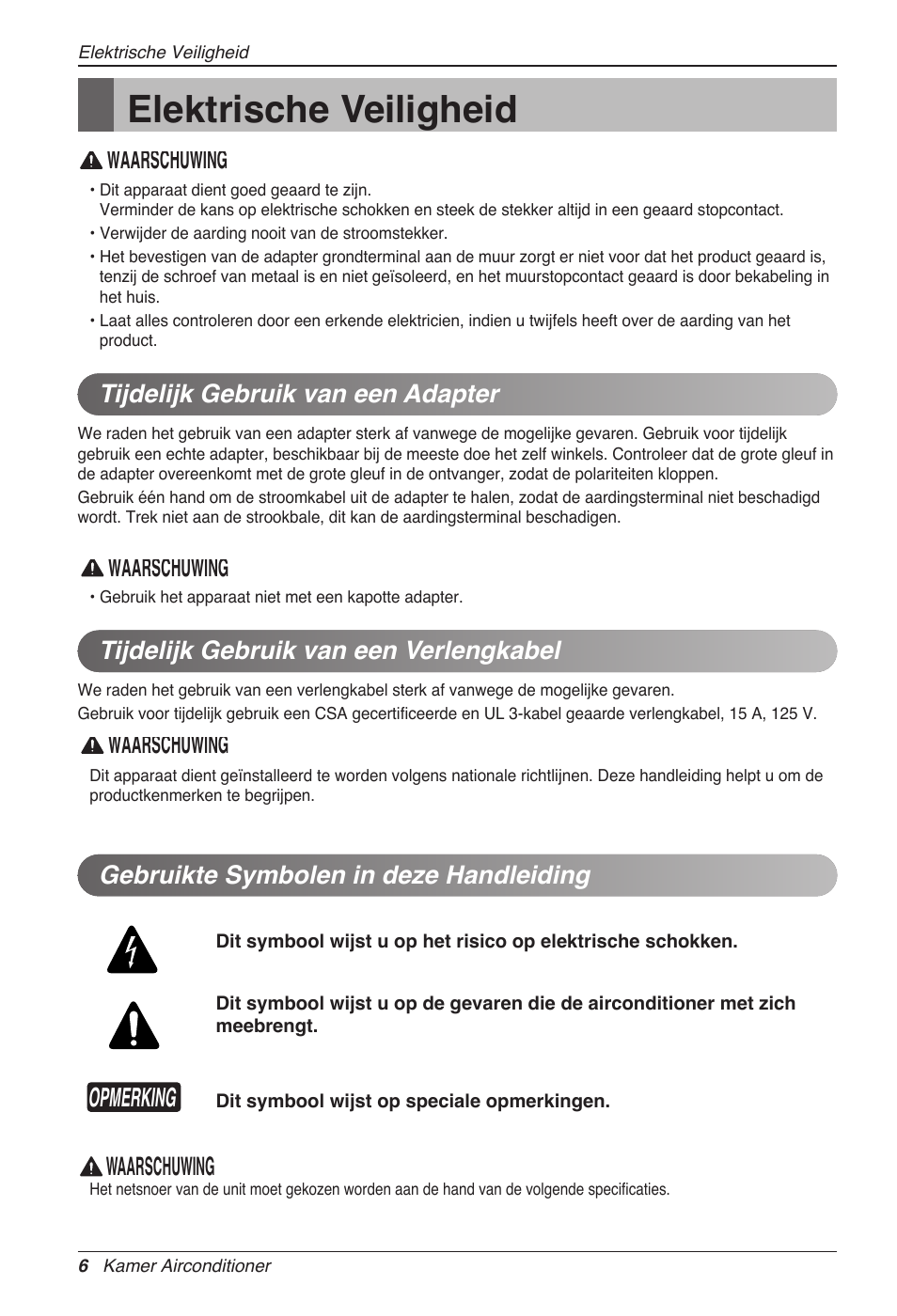 Elektrische veiligheid, Opmerking, Waarschuwing | Gebruikte symbolen in deze handleiding | LG MC12AHV User Manual | Page 152 / 211