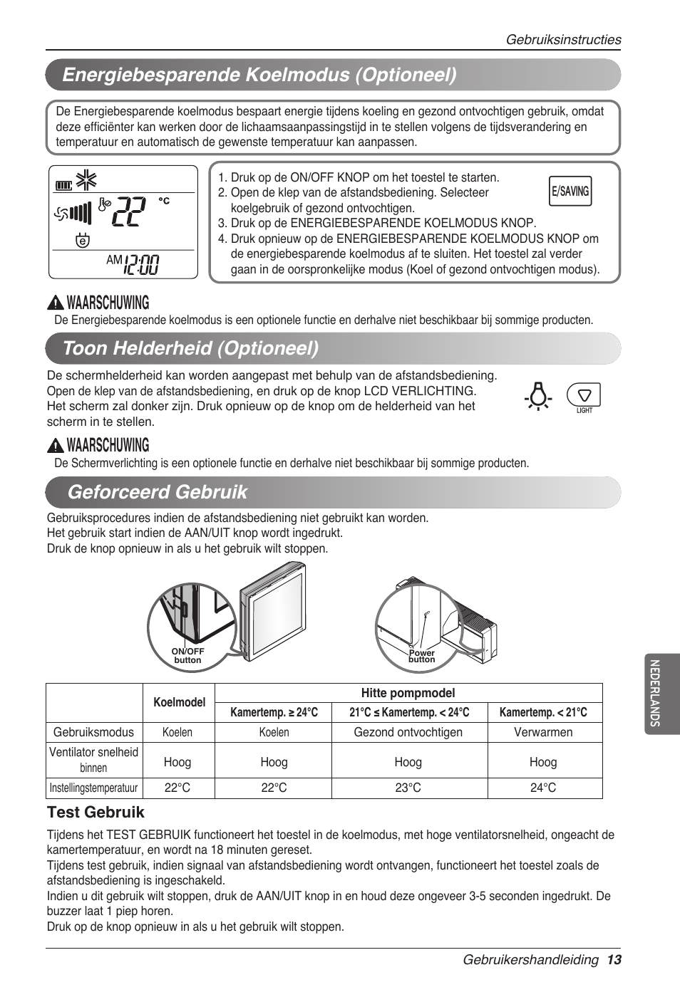 Bp u, Energiebesparende koelmodus (optioneel), Geforceerd gebruik | Toon helderheid (optioneel), Waarschuwing | LG MC12AHV User Manual | Page 159 / 211