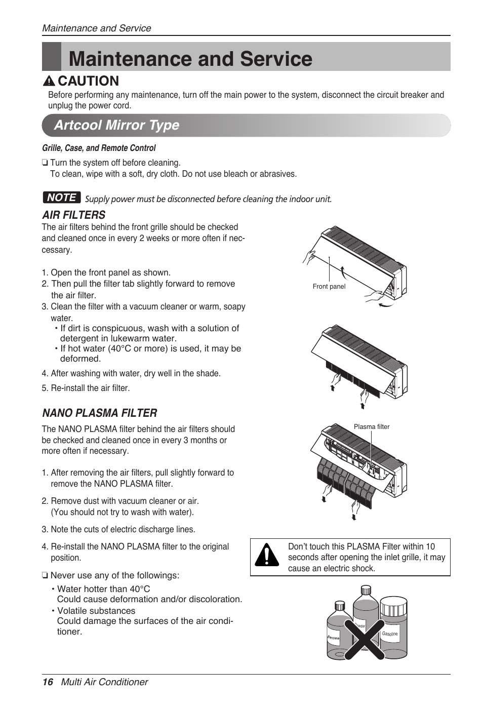 Maintenance and service, Artcool mirror type, Air filters | Nano plasma filter | LG MC12AHV User Manual | Page 16 / 211