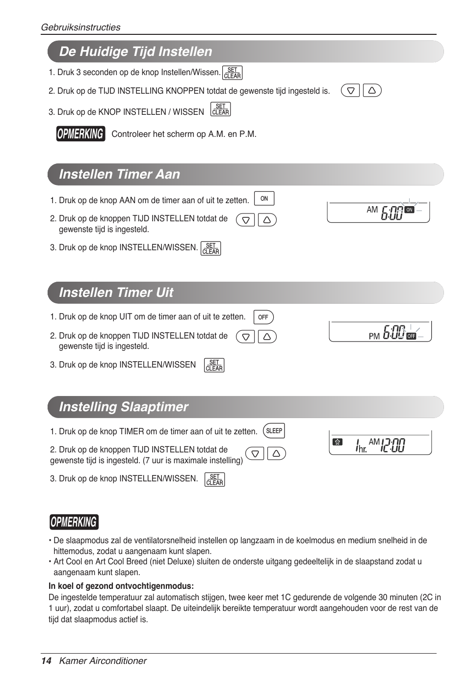 Opmerking, De huidige tijd instellen instellen timer aan, Instellen timer uit | Instelling slaaptimer | LG MC12AHV User Manual | Page 160 / 211