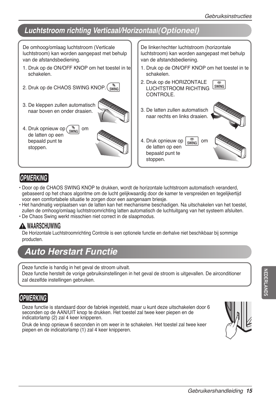 Auto herstart functie, Ij i j, Opmerking | Waarschuwing | LG MC12AHV User Manual | Page 161 / 211