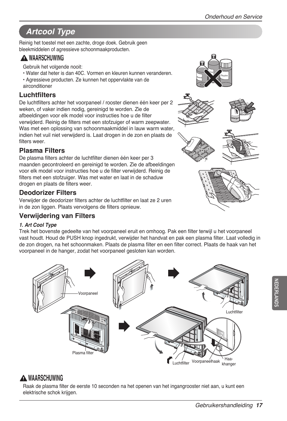 Waarschuwing, Artcool type, Luchtfilters | Plasma filters, Deodorizer filters, Verwijdering van filters | LG MC12AHV User Manual | Page 163 / 211