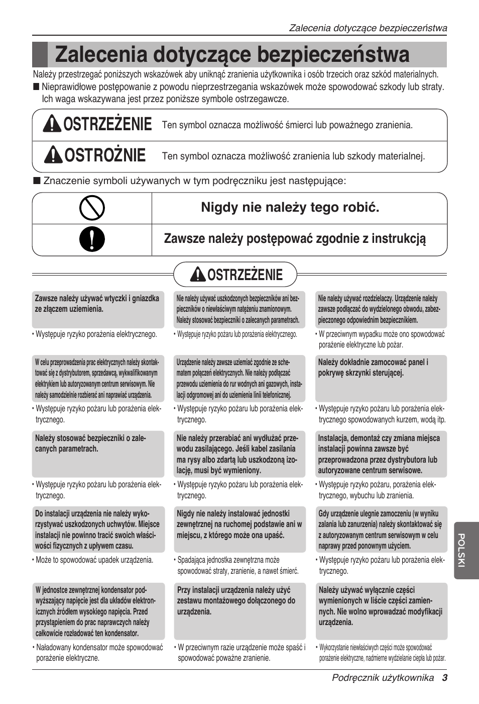 Zalecenia dotyczące bezpieczeństwa, Ostrzeżenie ostrożnie ostrzeżenie ostrożnie, Ostrzeżenie ostrożnie | En g l is h | LG MC12AHV User Manual | Page 169 / 211