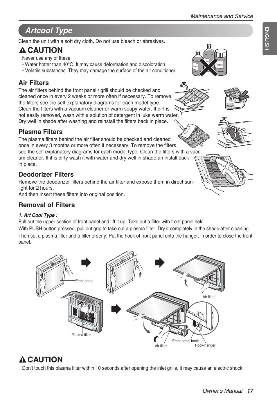 Artcool type, Air filters, Plasma filters | Deodorizer filters, Removal of filters | LG MC12AHV User Manual | Page 17 / 211