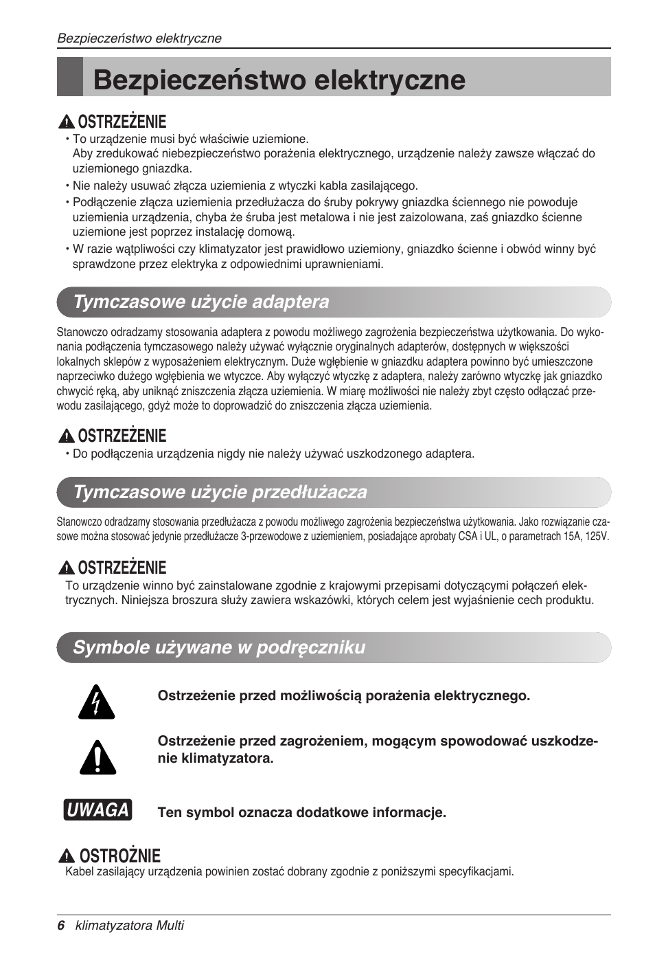 Bezpieczeństwo elektryczne, Uwaga, Ostrożnie | Ostrzeżenie, Symbole używane w podręczniku | LG MC12AHV User Manual | Page 172 / 211