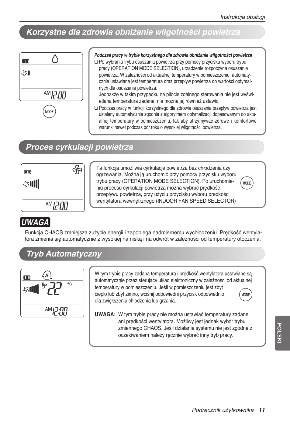 Uwaga, Proces cyrkulacji powietrza, Tryb automatyczny | LG MC12AHV User Manual | Page 177 / 211