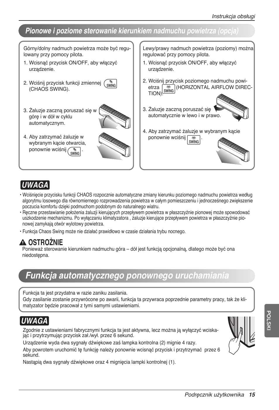 Funkcja automatycznego ponownego uruchamiania, Ij i j, Uwaga | Ostrożnie | LG MC12AHV User Manual | Page 181 / 211