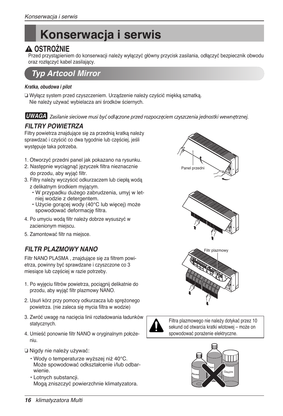 Konserwacja i serwis, Ostrożnie, Typ artcool mirror | Filtry powietrza, Filtr plazmowy nano | LG MC12AHV User Manual | Page 182 / 211