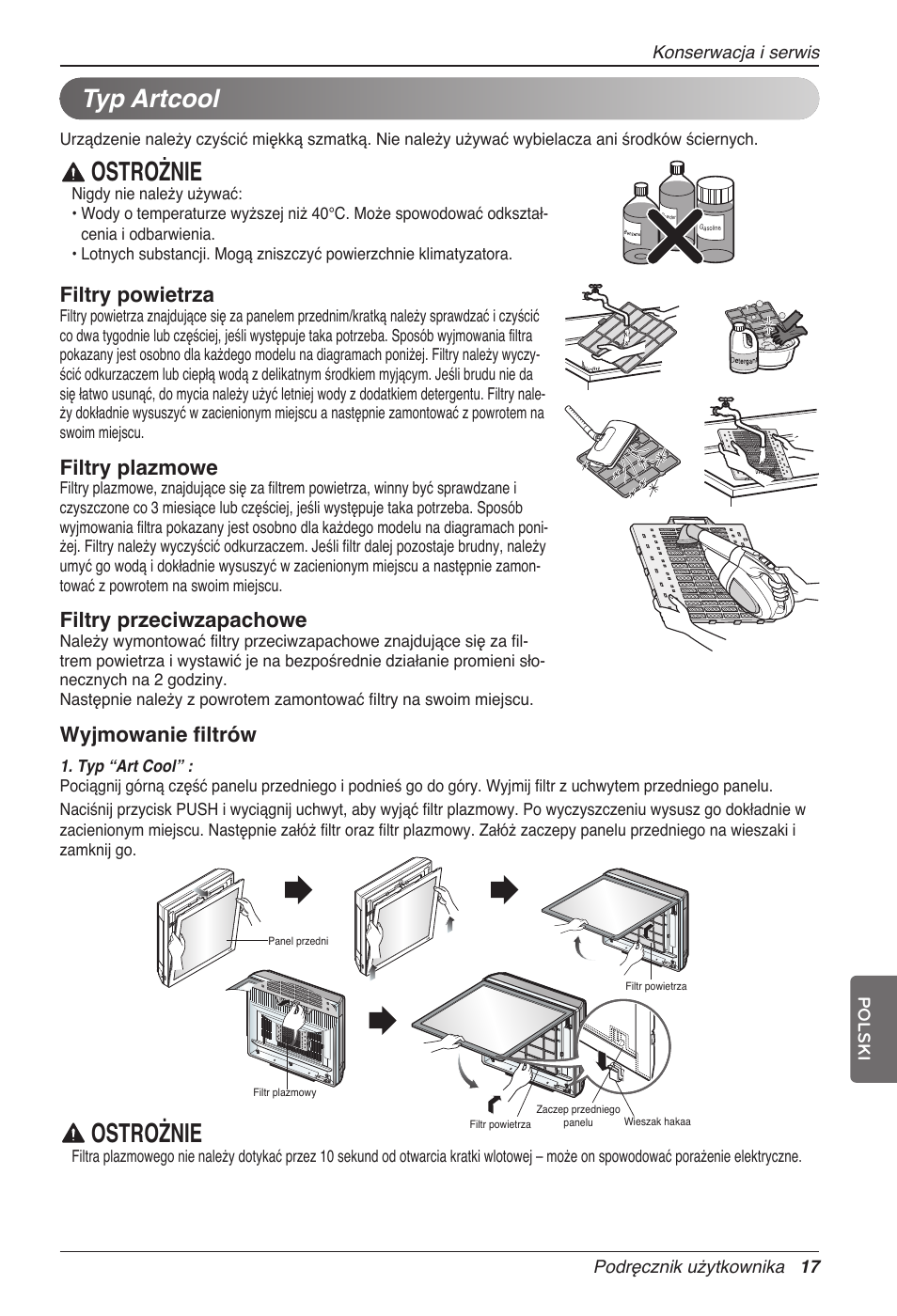 Ostrożnie, Typ artcool, Filtry powietrza | Filtry plazmowe, Filtry przeciwzapachowe, Wyjmowanie filtrów | LG MC12AHV User Manual | Page 183 / 211