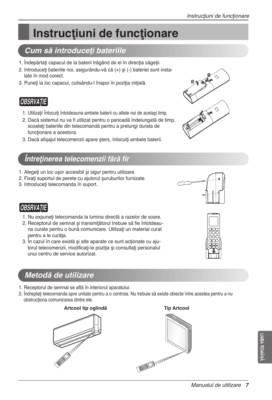 Instrucţiuni de funcţionare, Obsrvaţie, Metodă de utilizare | LG MC12AHV User Manual | Page 193 / 211