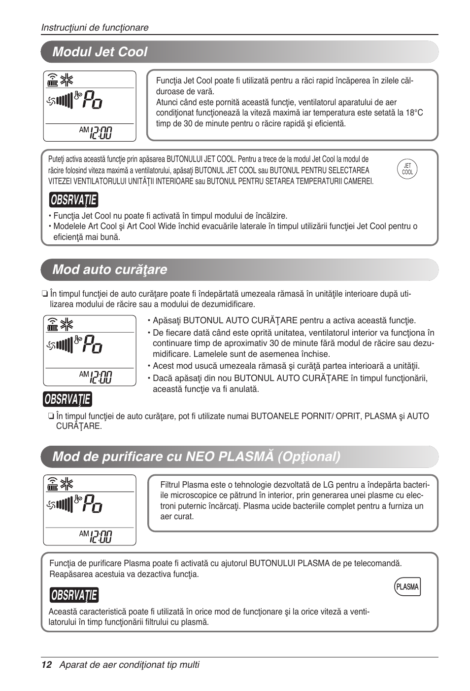 Obsrvaţie, Mod auto curăţare | LG MC12AHV User Manual | Page 198 / 211