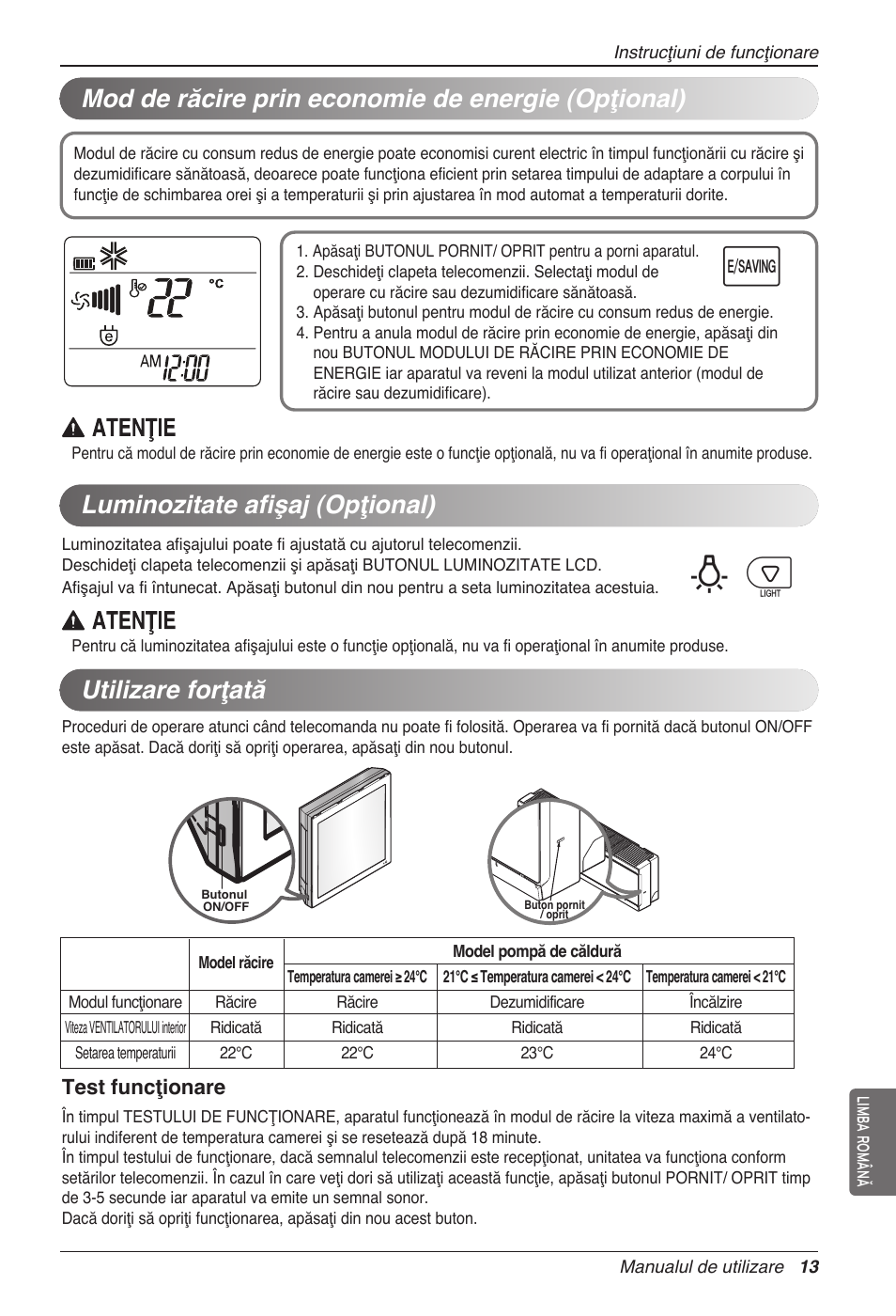 Bp u, Utilizare forţată, Mod de răcire prin economie de energie (opţional) | Luminozitate afişaj (opţional) | LG MC12AHV User Manual | Page 199 / 211