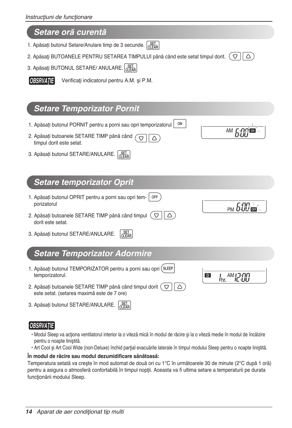 Setare oră curentă setare temporizator pornit, Setare temporizator oprit, Setare temporizator adormire | LG MC12AHV User Manual | Page 200 / 211