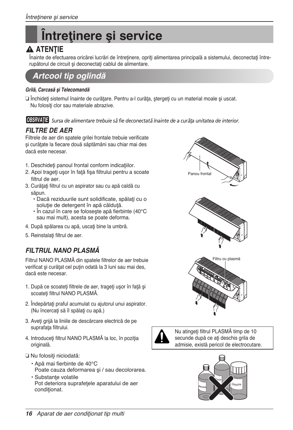 Întreţinere şi service, Artcool tip oglindă, Filtre de aer | Filtrul nano plasmă | LG MC12AHV User Manual | Page 202 / 211