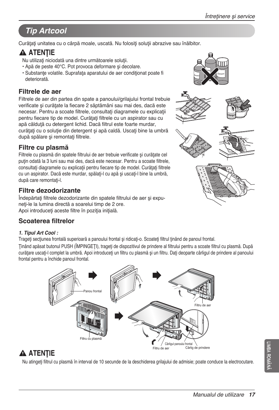 Tip artcool, Filtrele de aer, Filtre cu plasmă | Filtre dezodorizante, Scoaterea filtrelor | LG MC12AHV User Manual | Page 203 / 211