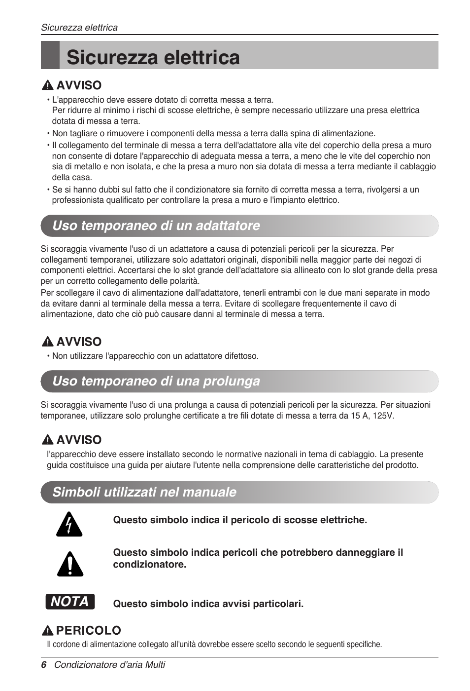 Sicurezza elettrica, Nota, Simboli utilizzati nel manuale | LG MC12AHV User Manual | Page 26 / 211