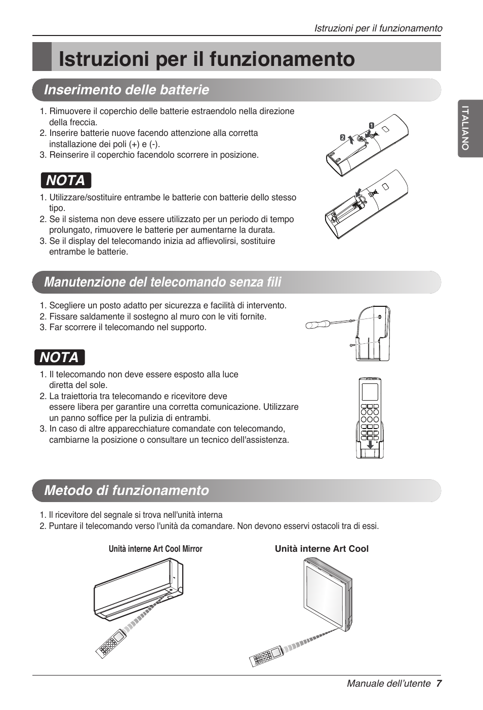 Istruzioni per il funzionamento, Nota, Metodo di funzionamento | LG MC12AHV User Manual | Page 27 / 211