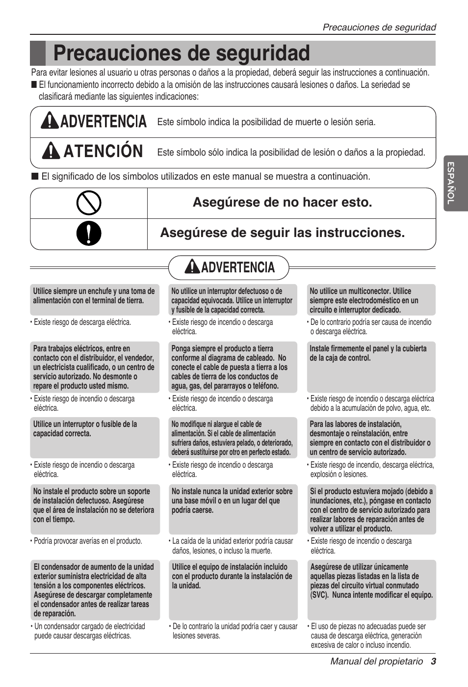 Precauciones de seguridad, Es pa ñ o l | LG MC12AHV User Manual | Page 43 / 211