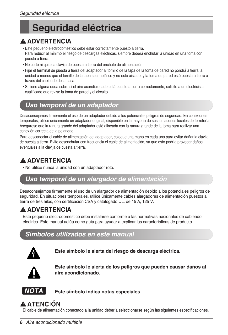 Seguridad eléctrica, Nota, Símbolos utilizados en este manual | LG MC12AHV User Manual | Page 46 / 211