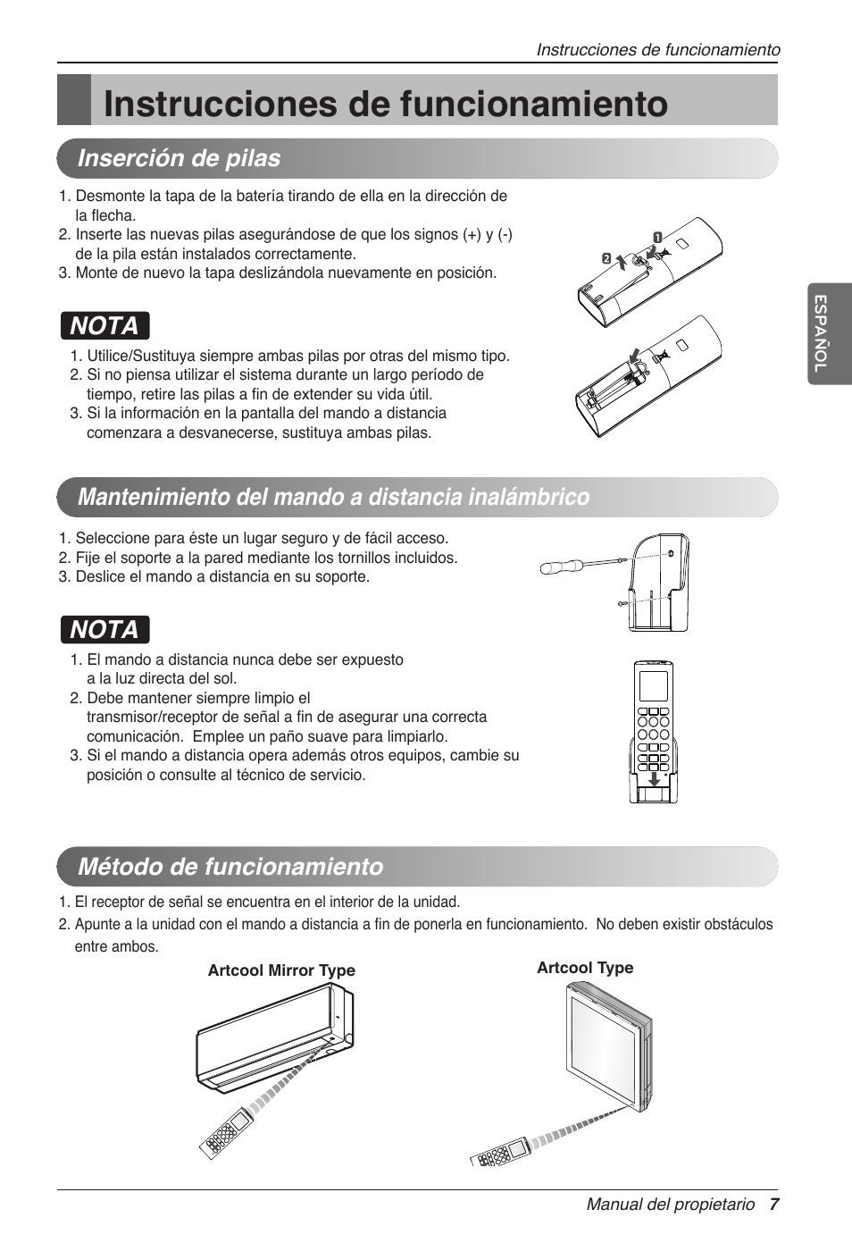 Instrucciones de funcionamiento, Nota, Método de funcionamiento | LG MC12AHV User Manual | Page 47 / 211