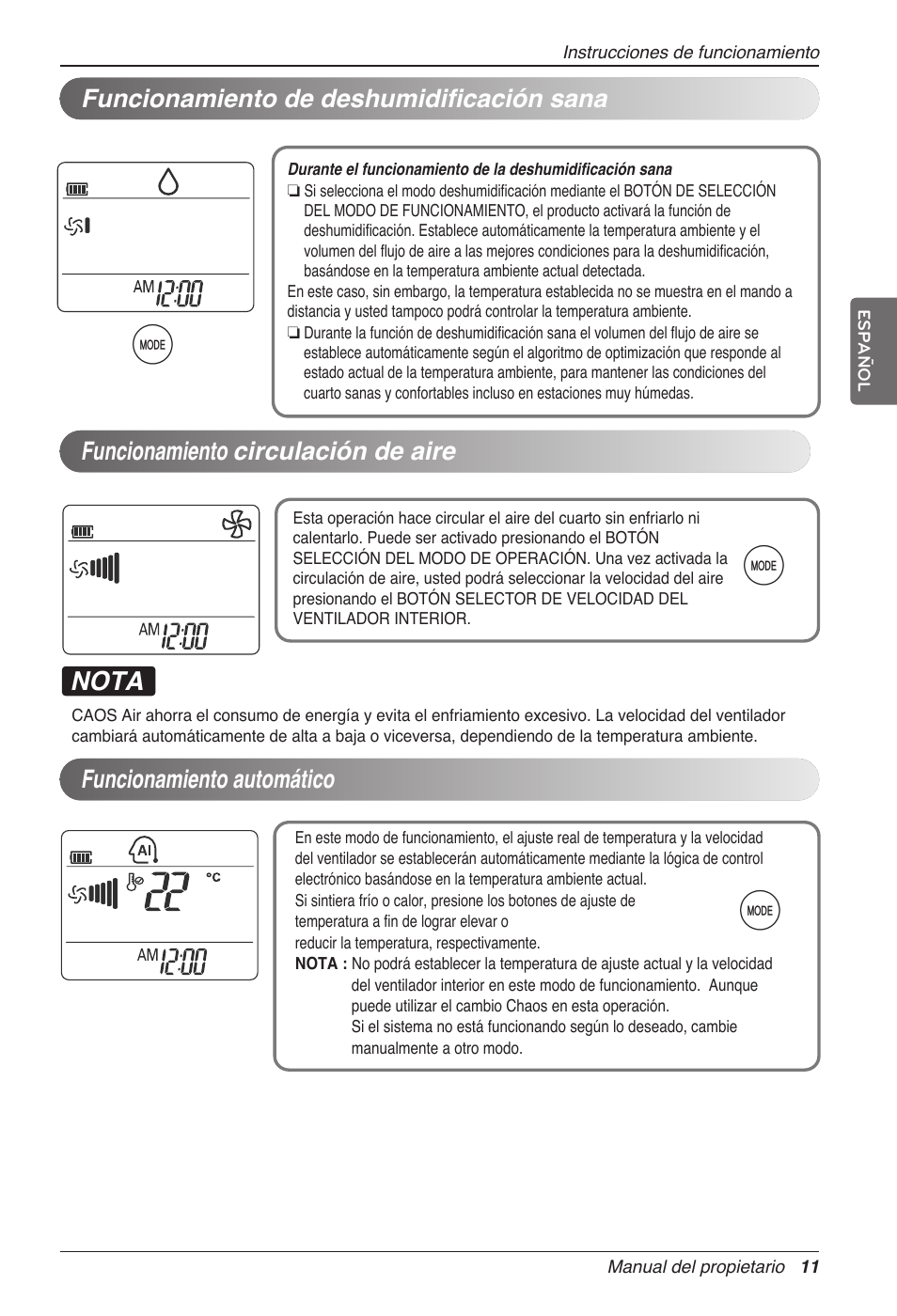 Nota, Funcionamiento circulación de aire | LG MC12AHV User Manual | Page 51 / 211