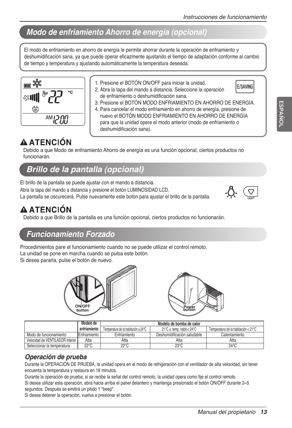 Bp u, Brillo de la pantalla (opcional), Operación de prueba | LG MC12AHV User Manual | Page 53 / 211