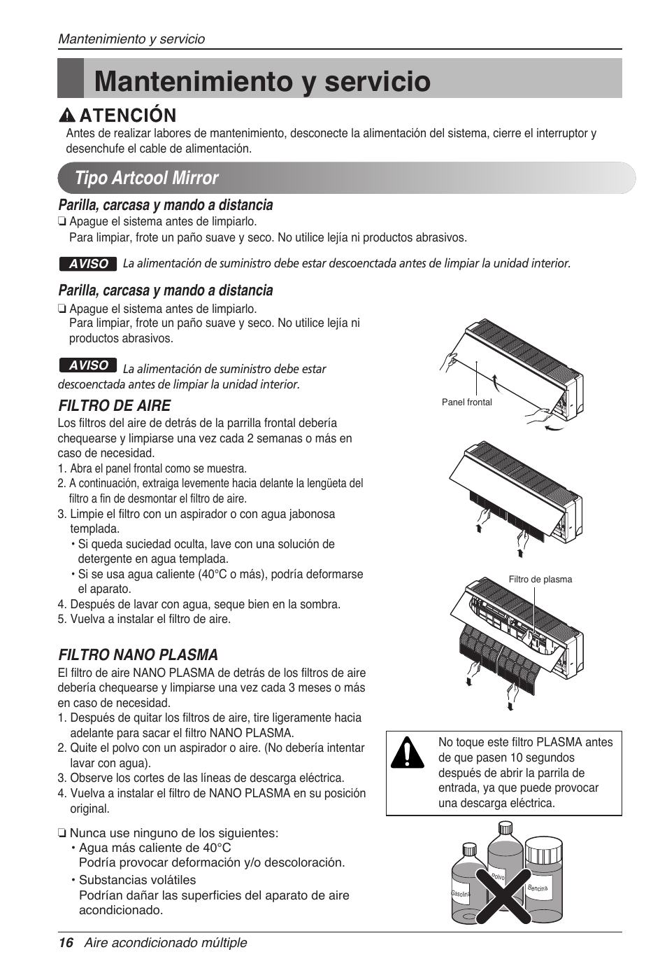 Mantenimiento y servicio, Tipo artcool mirror, Parilla, carcasa y mando a distancia | Filtro de aire, Filtro nano plasma | LG MC12AHV User Manual | Page 56 / 211