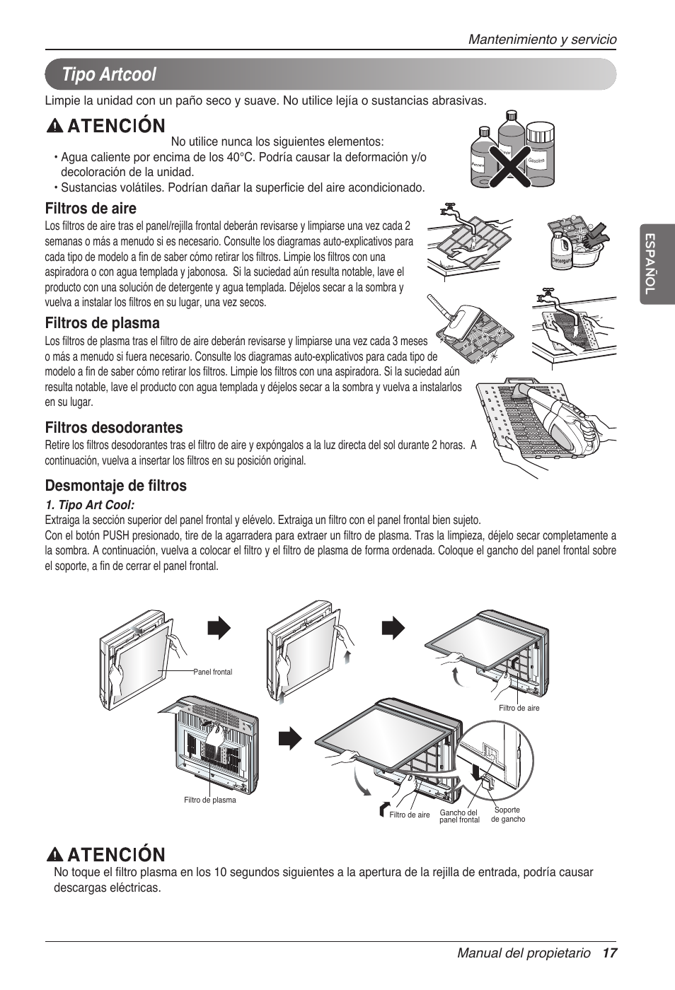 Tipo artcool, Filtros de aire, Filtros de plasma | Filtros desodorantes, Desmontaje de filtros | LG MC12AHV User Manual | Page 57 / 211