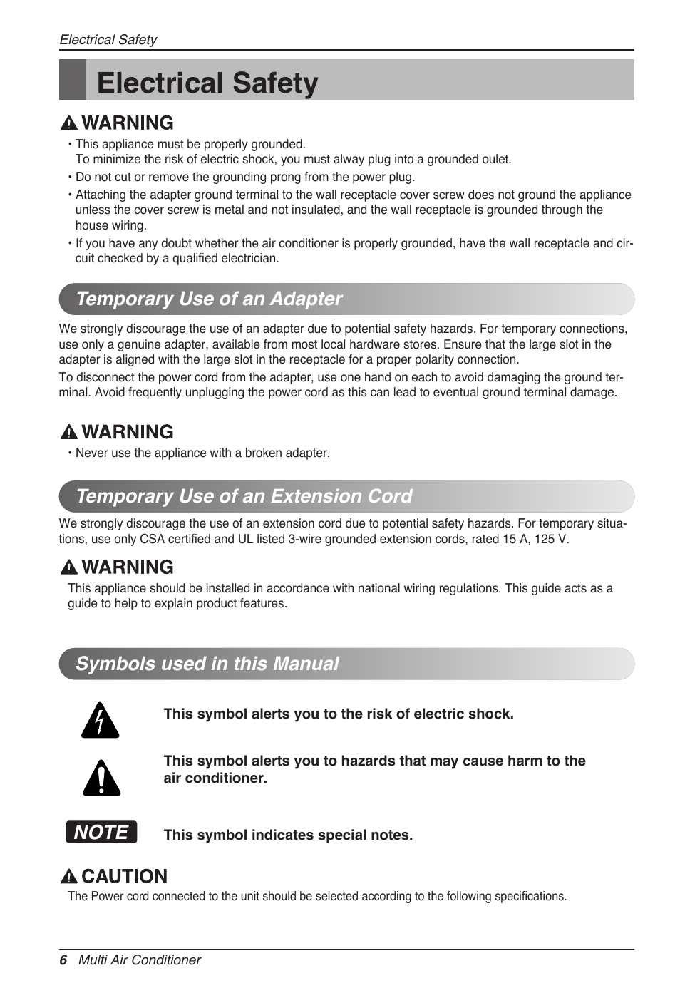 Electrical safety, Symbols used in this manual | LG MC12AHV User Manual | Page 6 / 211