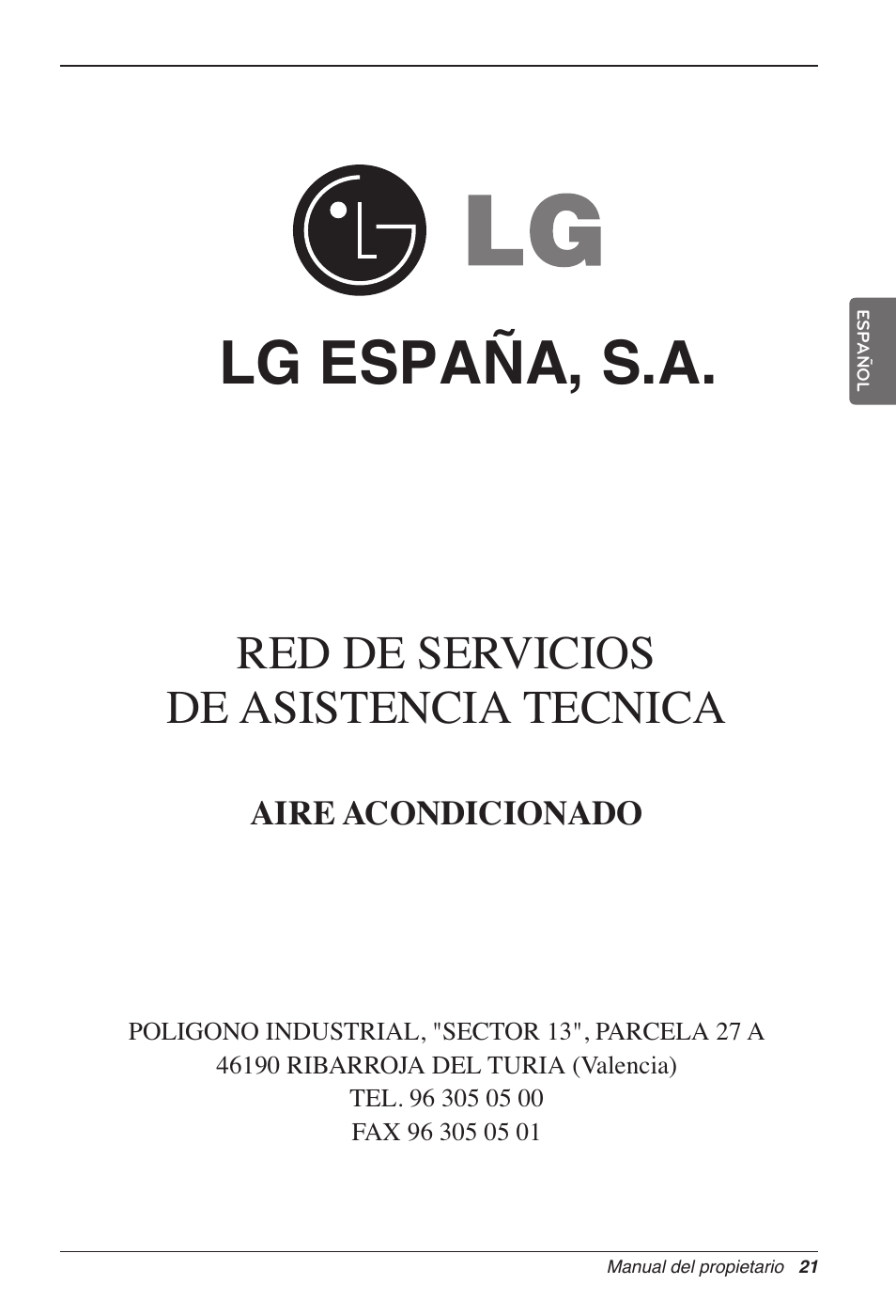 Lg españa, s.a, Red de servicios de asistencia tecnica, Aire acondicionado | LG MC12AHV User Manual | Page 61 / 211