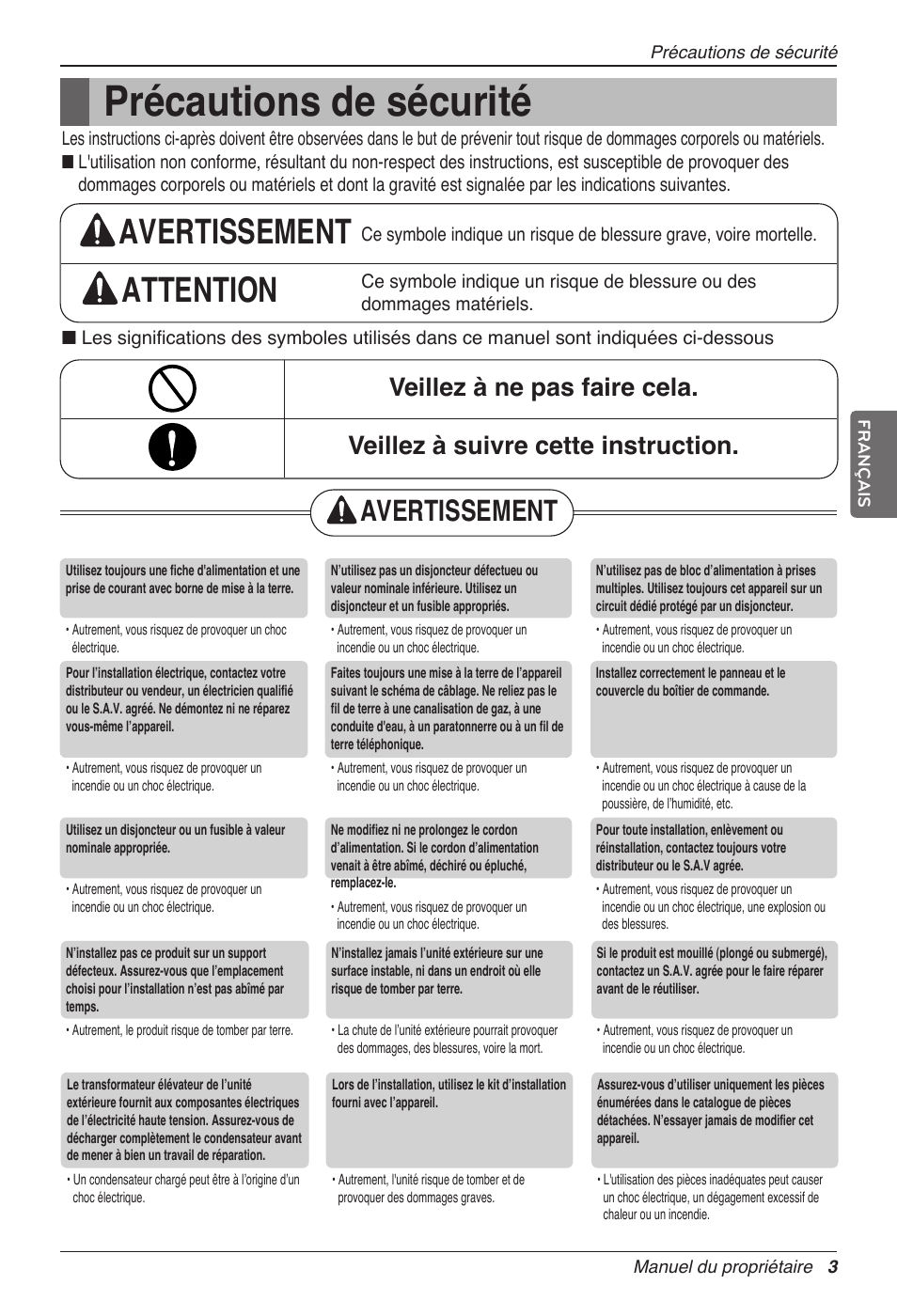 Précautions de sécurité, Avertissement attention, Avertissement | LG MC12AHV User Manual | Page 69 / 211
