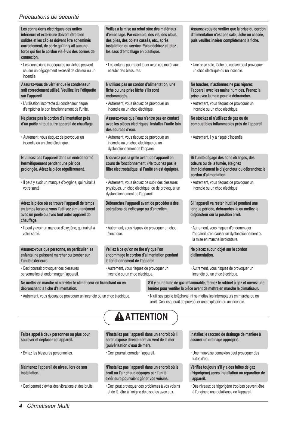 Attention, 4 climatiseur multi précautions de sécurité | LG MC12AHV User Manual | Page 70 / 211
