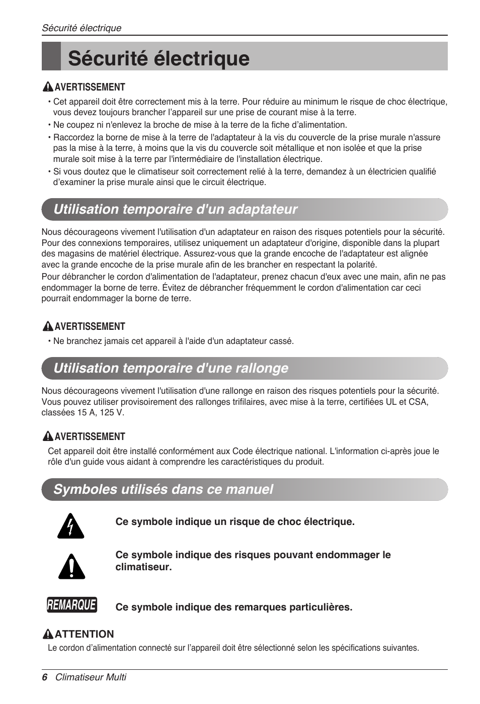 Sécurité électrique, Remarque, Symboles utilisés dans ce manuel | LG MC12AHV User Manual | Page 72 / 211