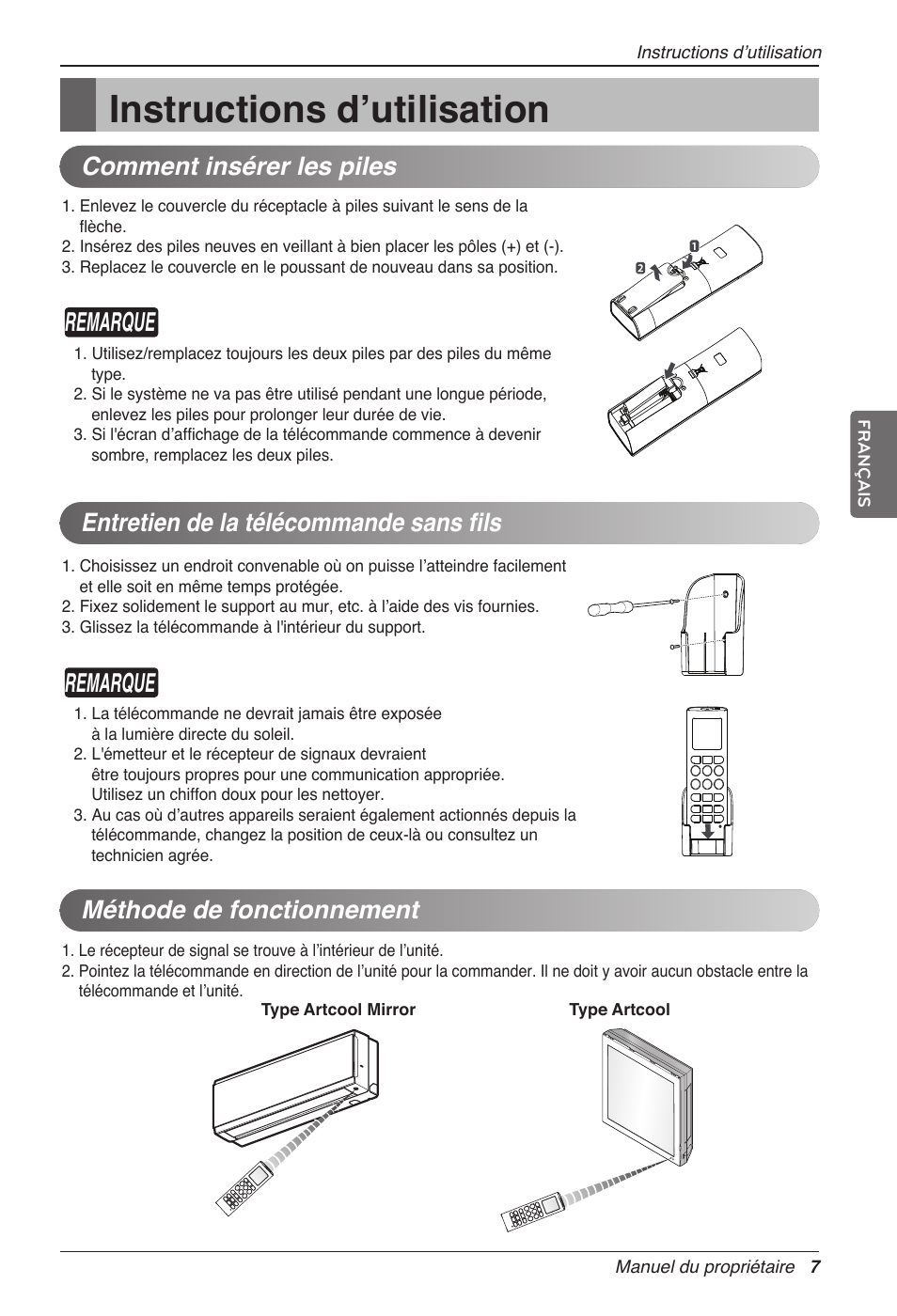 Instructions d’utilisation, Remarque, Méthode de fonctionnement | LG MC12AHV User Manual | Page 73 / 211