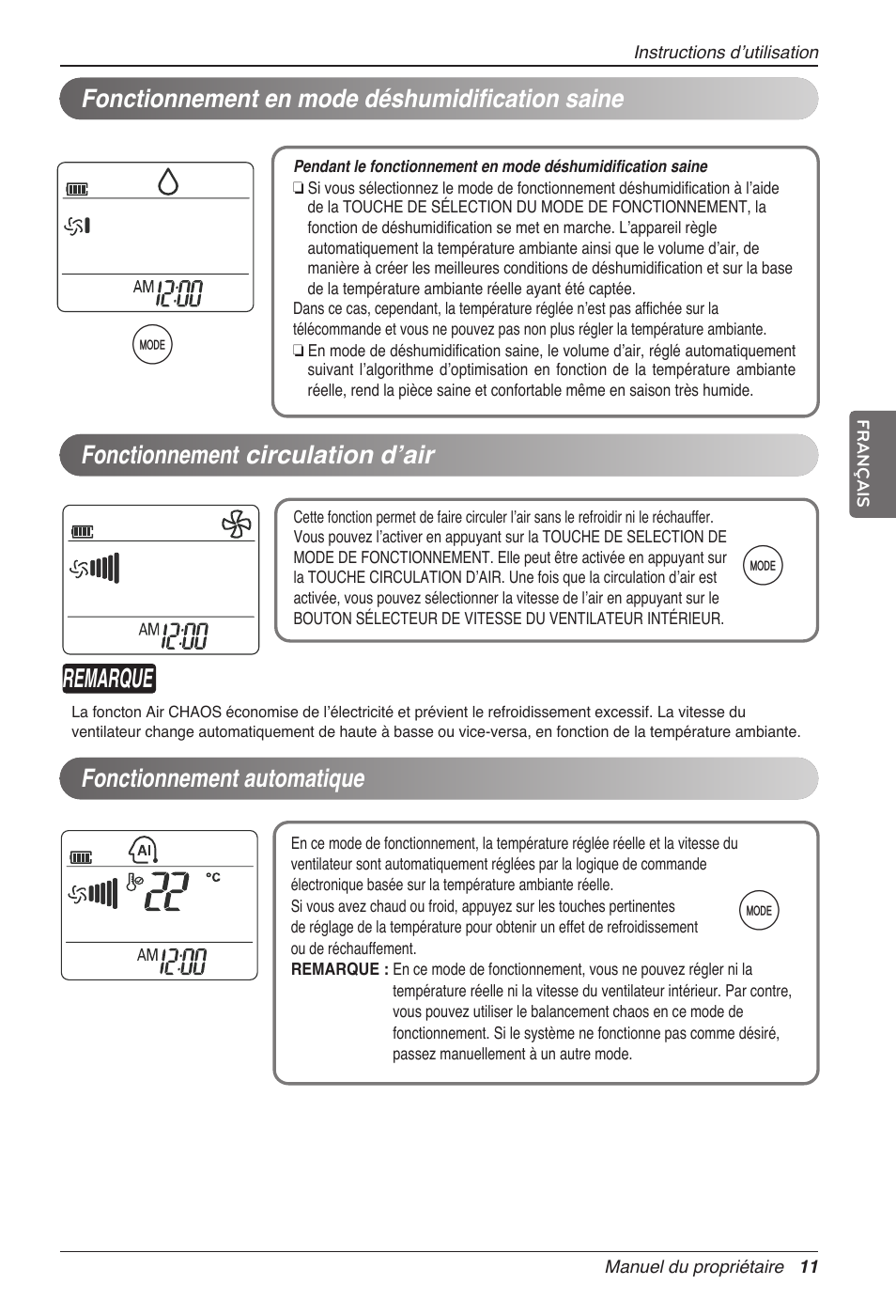 Remarque, Fonctionnement circulation d’air | LG MC12AHV User Manual | Page 77 / 211