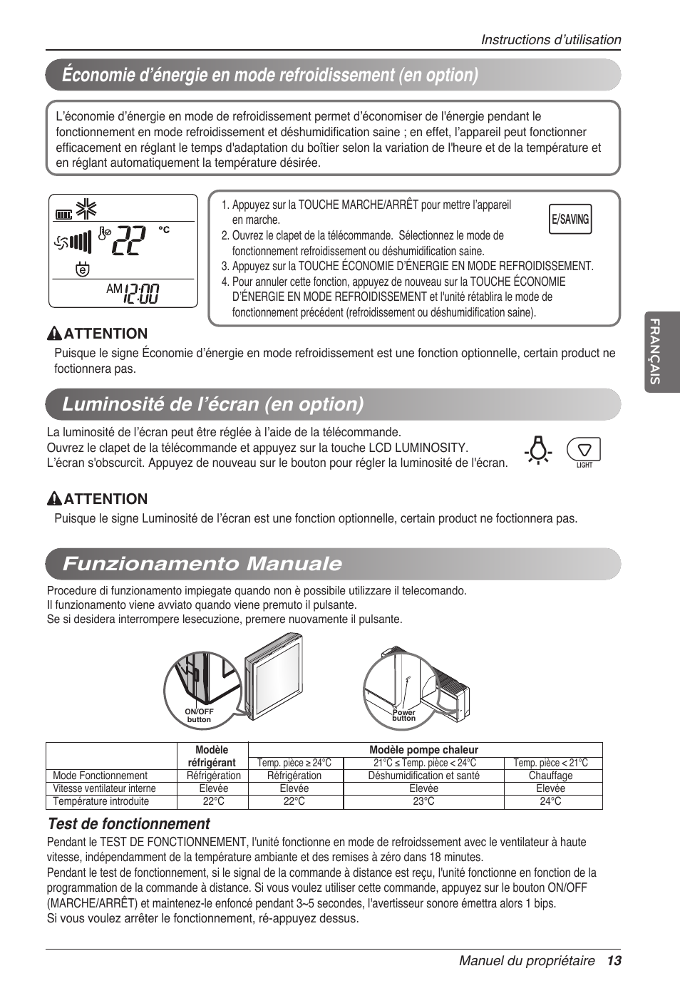 Bp u, Luminosité de l’écran (en option), Test de fonctionnement | LG MC12AHV User Manual | Page 79 / 211