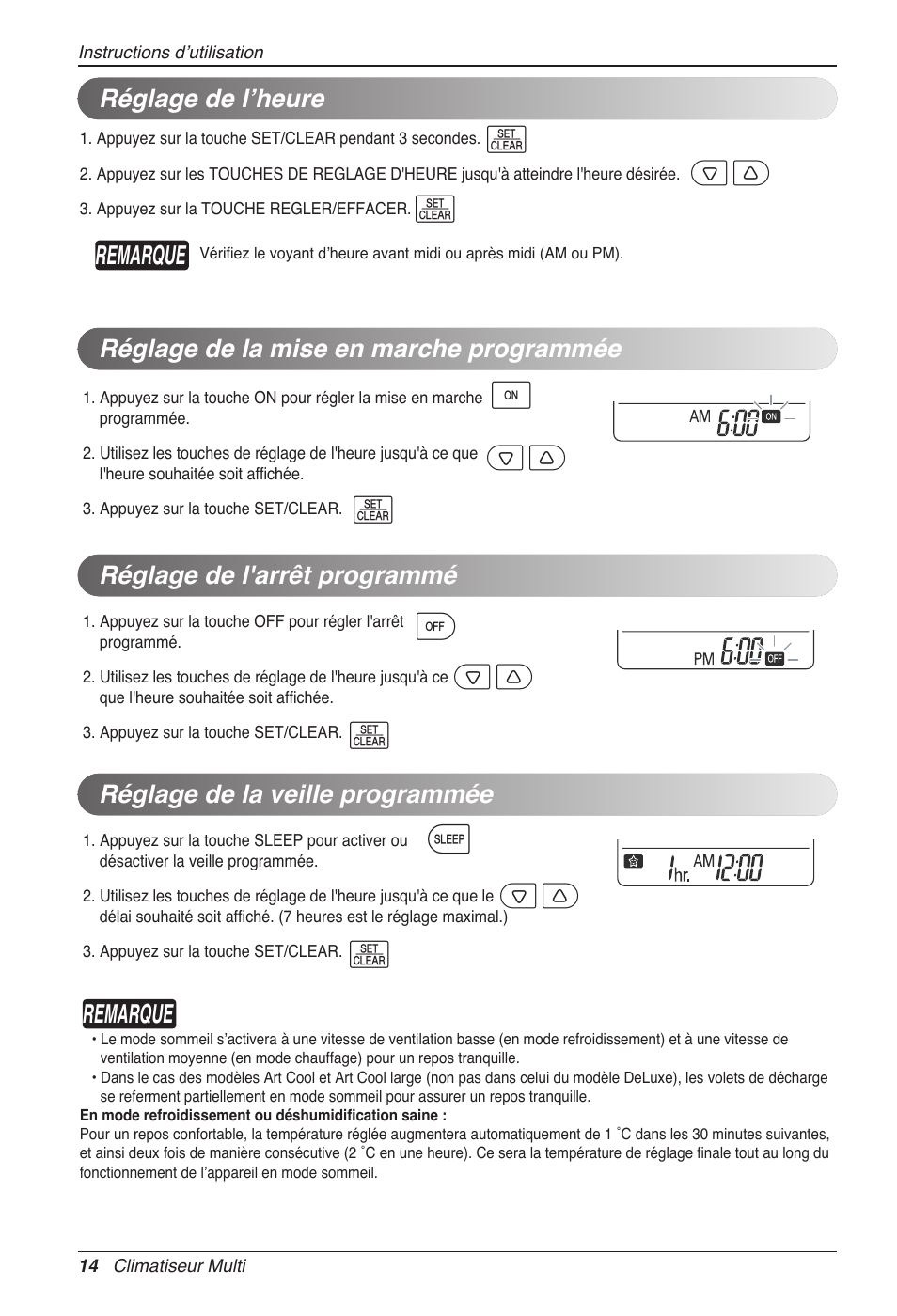 Remarque, Réglage de l'arrêt programmé, Réglage de la veille programmée | LG MC12AHV User Manual | Page 80 / 211