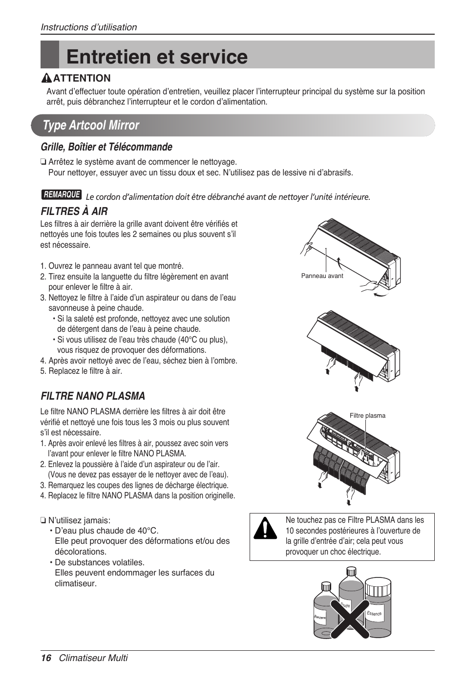 Entretien et service, Type artcool mirror, Filtres à air | Filtre nano plasma, Grille, boîtier et télécommande | LG MC12AHV User Manual | Page 82 / 211