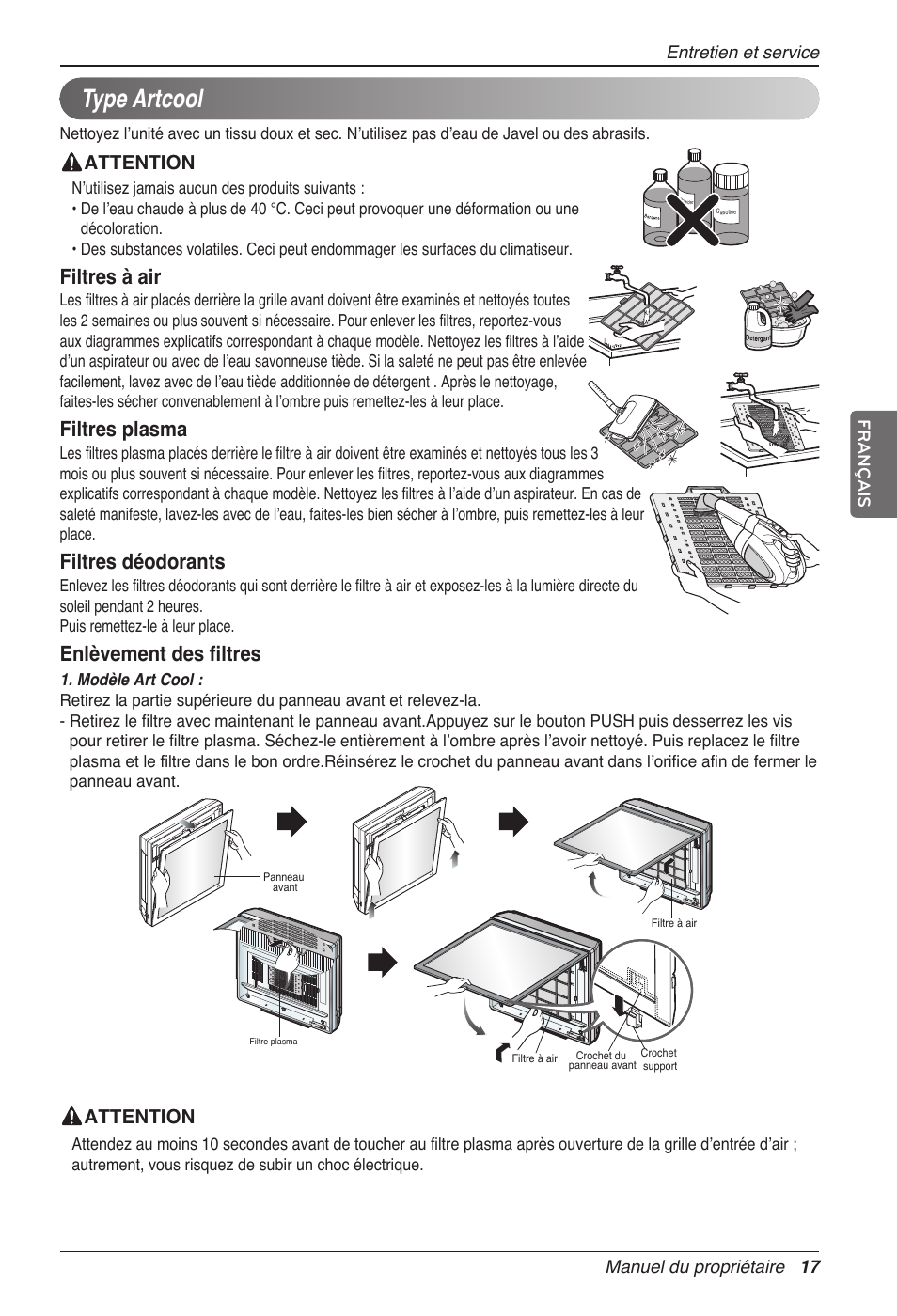 Type artcool, Filtres à air, Filtres plasma | Filtres déodorants, Enlèvement des filtres, Attention | LG MC12AHV User Manual | Page 83 / 211