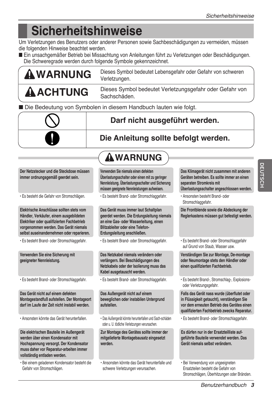 Sicherheitshinweise, Warnung achtung, Warnung | LG MC12AHV User Manual | Page 89 / 211