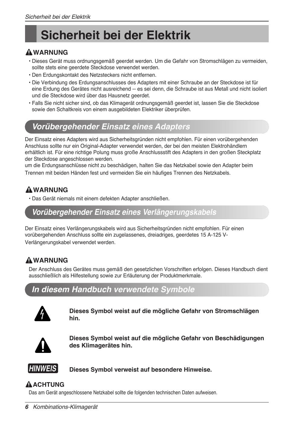 Sicherheit bei der elektrik, Hinweis | LG MC12AHV User Manual | Page 92 / 211
