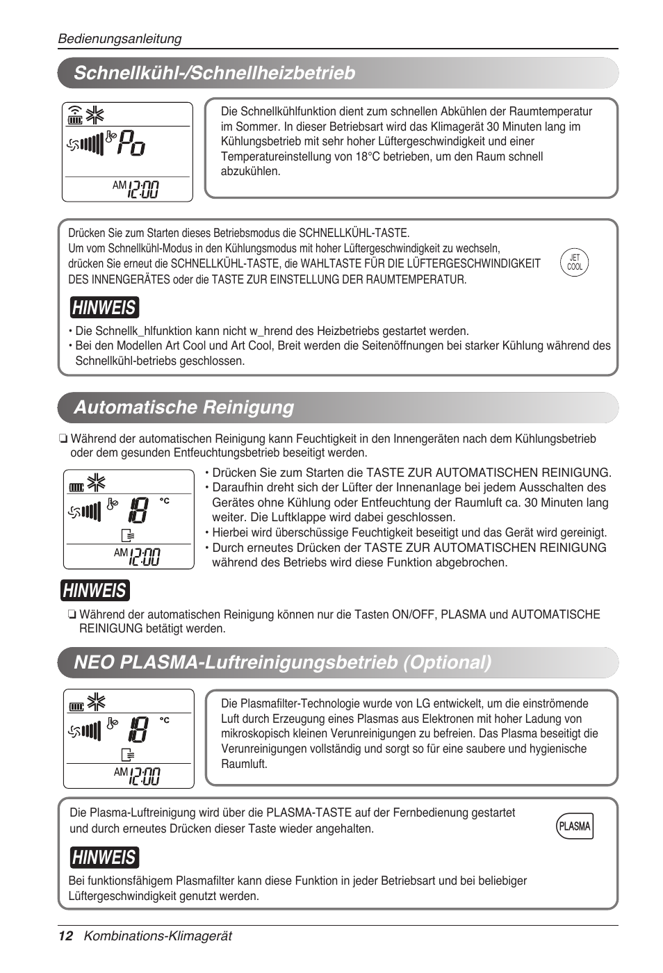 Hinweis, Automatische reinigung | LG MC12AHV User Manual | Page 98 / 211