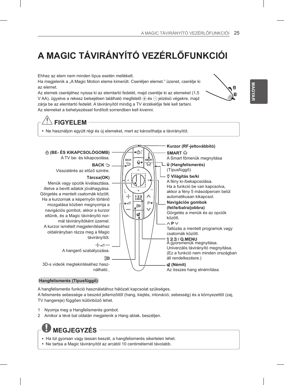 A magic távirányító vezérlőfunkciói, Figyelem, Megjegyzés | LG 55EA980V User Manual | Page 111 / 544