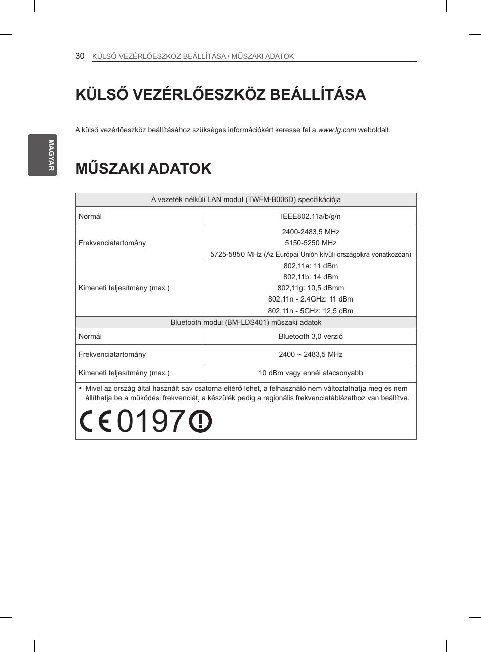 Külső vezérlőeszköz beállítása, Műszaki adatok | LG 55EA980V User Manual | Page 116 / 544